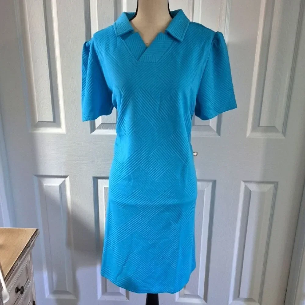 Cute Casual Colorful Work Wear Collared Texture Blue Women's Dress